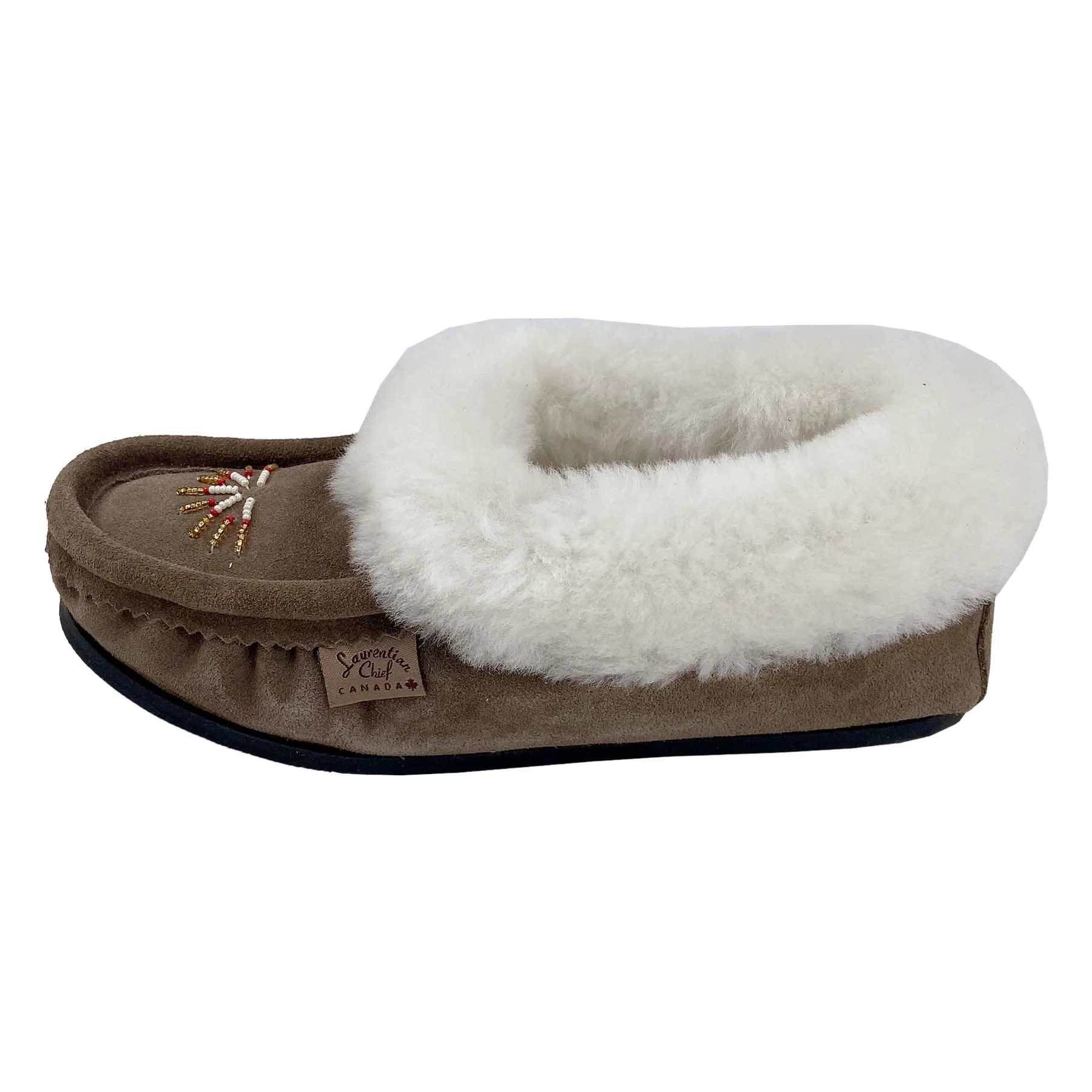 Women's Sheepskin Lined Beaded Crepe Sole Moccasins