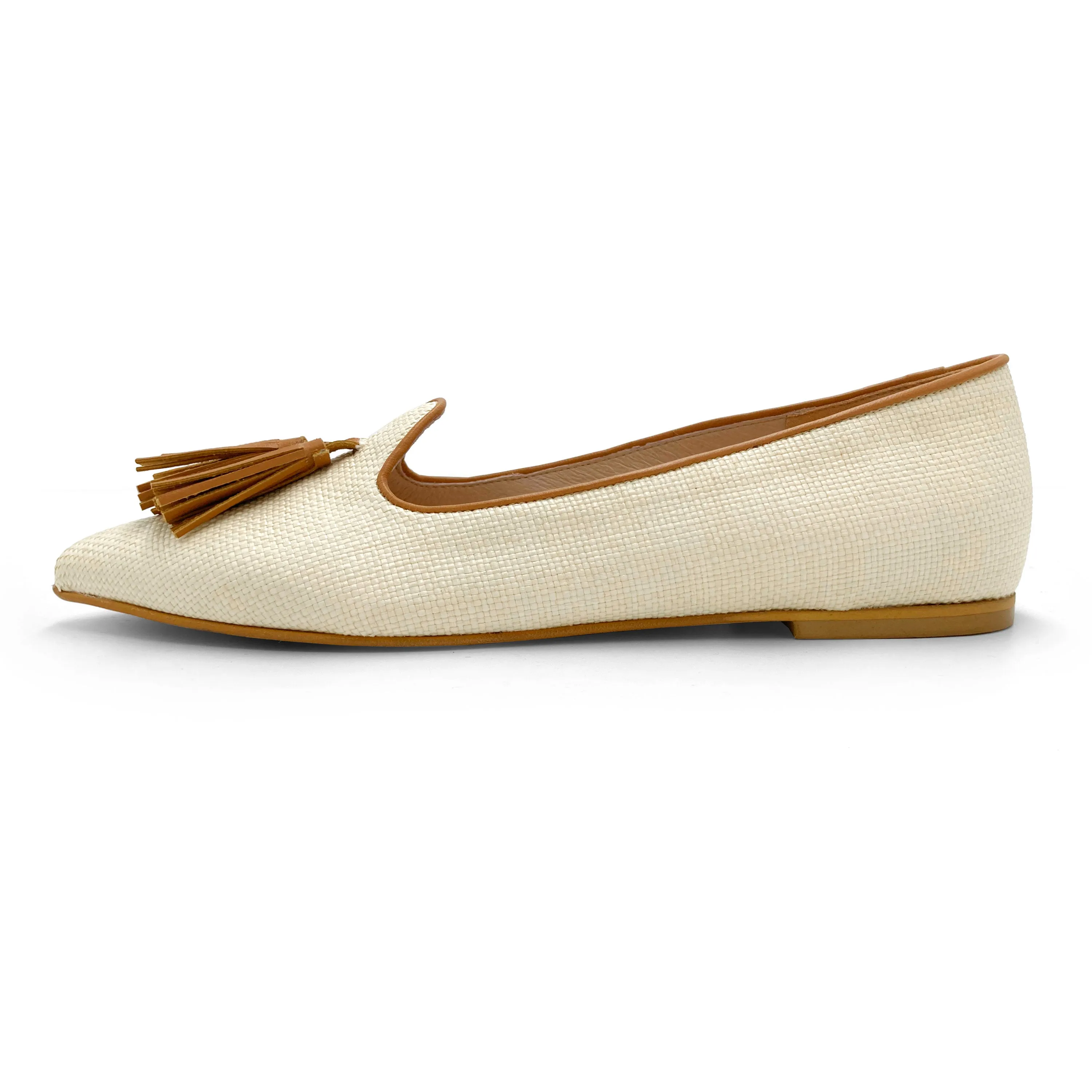Women’s Summer Moccasins in Beige Raffia with Leather Tassels
