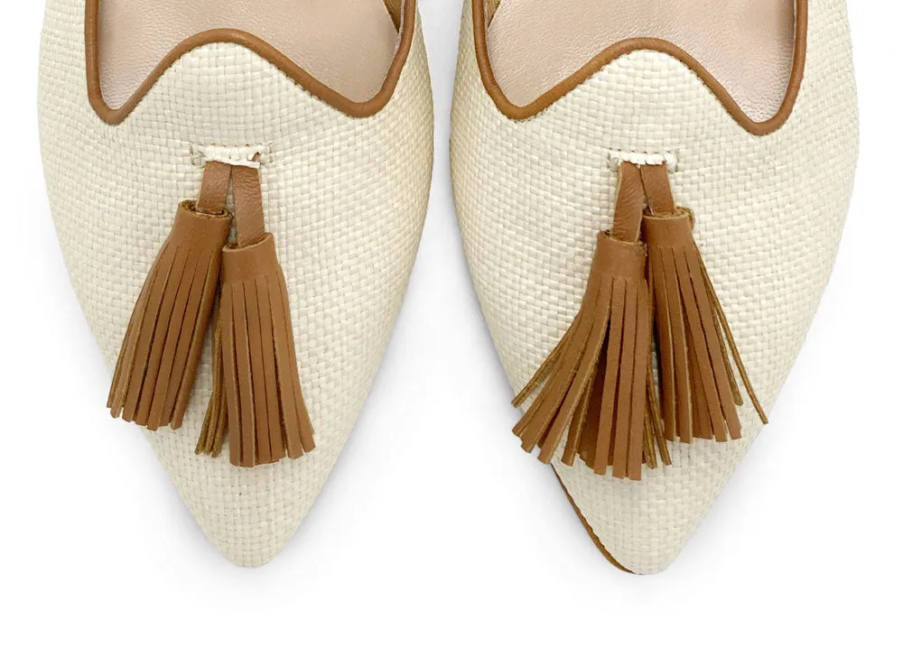 Women’s Summer Moccasins in Beige Raffia with Leather Tassels